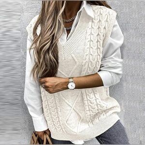 Yoolin Women's V Neck Sweater Vest Top Solid Oversized Casual Sleeveless Sweater